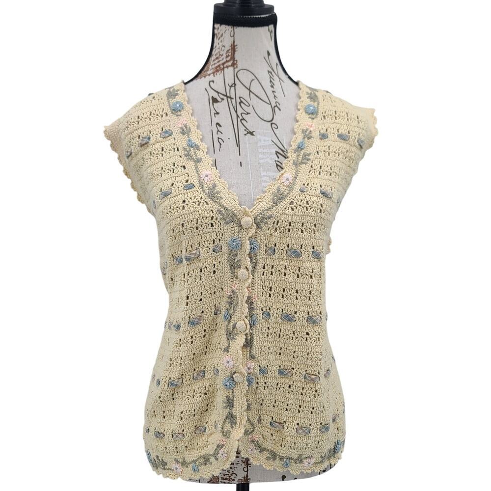Vintage Yellow crochet open knit sweater vest floral women's grandmacore retro